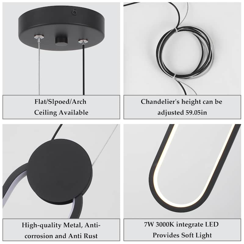 7-Watt 1-Light Black Elliptical Shade Integrated LED Pendant Light, Classic Semi Flush Mount Chandelier for Dining Room