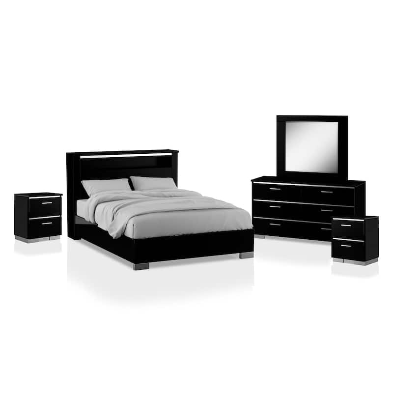 Lofa Contemporary Black Wood Storage Panel Bedroom Set with LED and USB Ports by Furniture of America - Queen - 5 Piece
