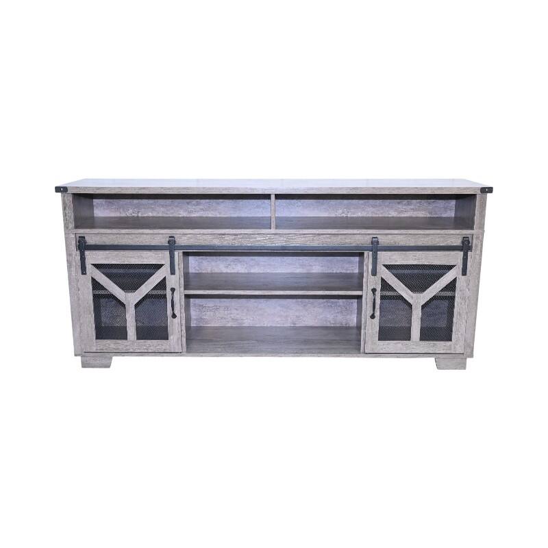 Country Style TV Stand LED TV Stand with Lron Mesh Barn Door and Y Decorative Strip, for Living Rooms, Antique Gray