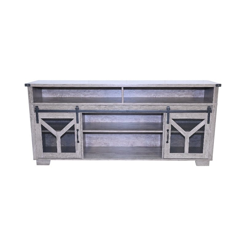 TV Stand with LED Light Strips, Multi-functional Entertainment Center, Console Table with Iron Mesh Barn Door & Open Shelf