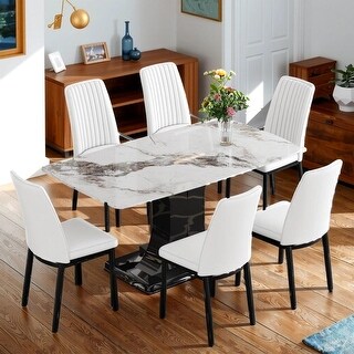 Faux Marble Dining Table Set with Convertible Base, Dining Table & 6 ...