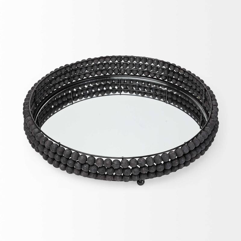 HomeRoots 21" Matte Black Wood With Bead Mirrored Glass Bottom Round Tray
