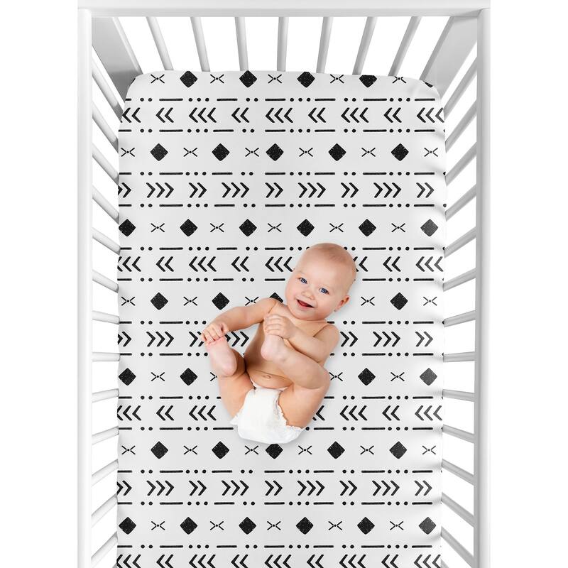 White Black Boho Tribal Mudcloth Boy Girl Fitted Crib Sheet - Black and White Woodland Bohemian Southwest Geometric Arrow Aztec