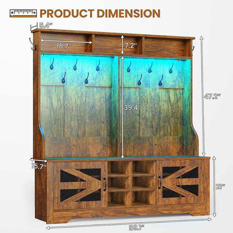 Hall Tree w/ Bench Shoe Storage Shoe Cubby Barn Door Adjustable Shelf