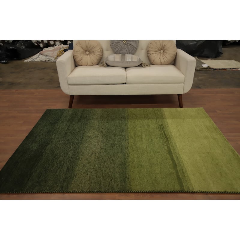 Hand Knotted Oriental 100% Wool Carpet Modern Stripe Green Gabbeh Area Rug - 6' 6'' X 4' 10''