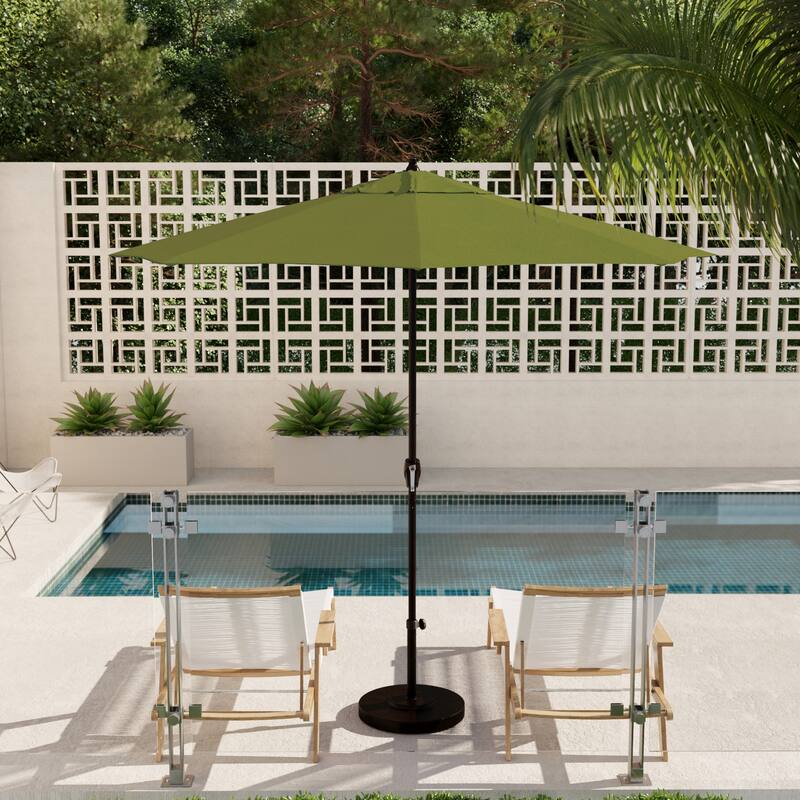 California Umbrella 9' Round Crank Lift Auto Tilt 8 Rib Aluminum Patio Umbrella, Bronze Finish, Pacifica Pacific Blue Fabric