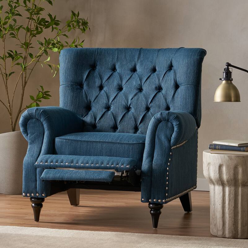 Classic Curled Arm Single Sofa Chair, Tufted Wide Back Recliner with Retractable Footrest Accent Chair with Rivet Trim&Wood Legs