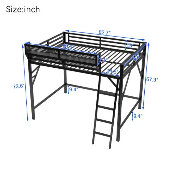 Queen Size Metal Loft Bed with Ladder and Storage Shelves, High Loft Bed Frame for Kids and Teens