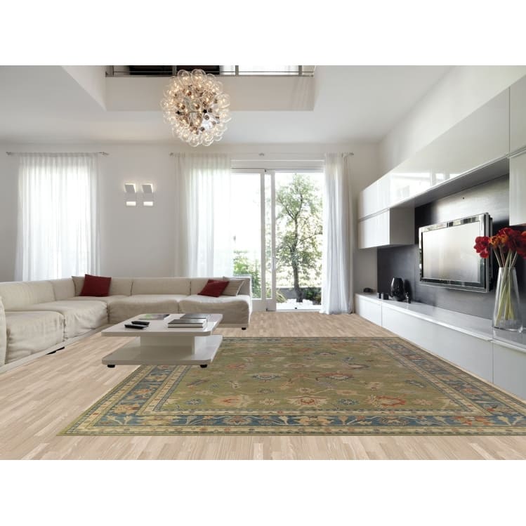 Hand Knotted Oriental 100% Wool Carpet Transitional All-Over Green Oushak Area Rug - 15' 1'' X 12' 2''