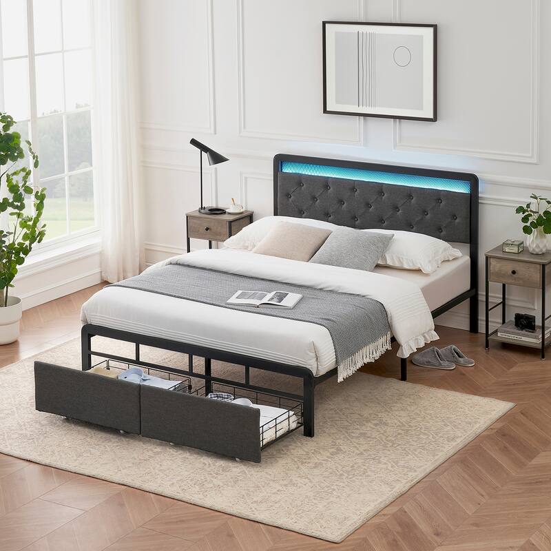 Bed Frame with 2 Storage Drawers - Grey - Full