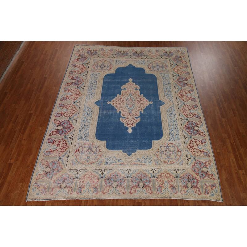 Blue Distressed Kerman Persian Vintage Area Rug Handmade Wool Carpet - 9'3" x 11'10"
