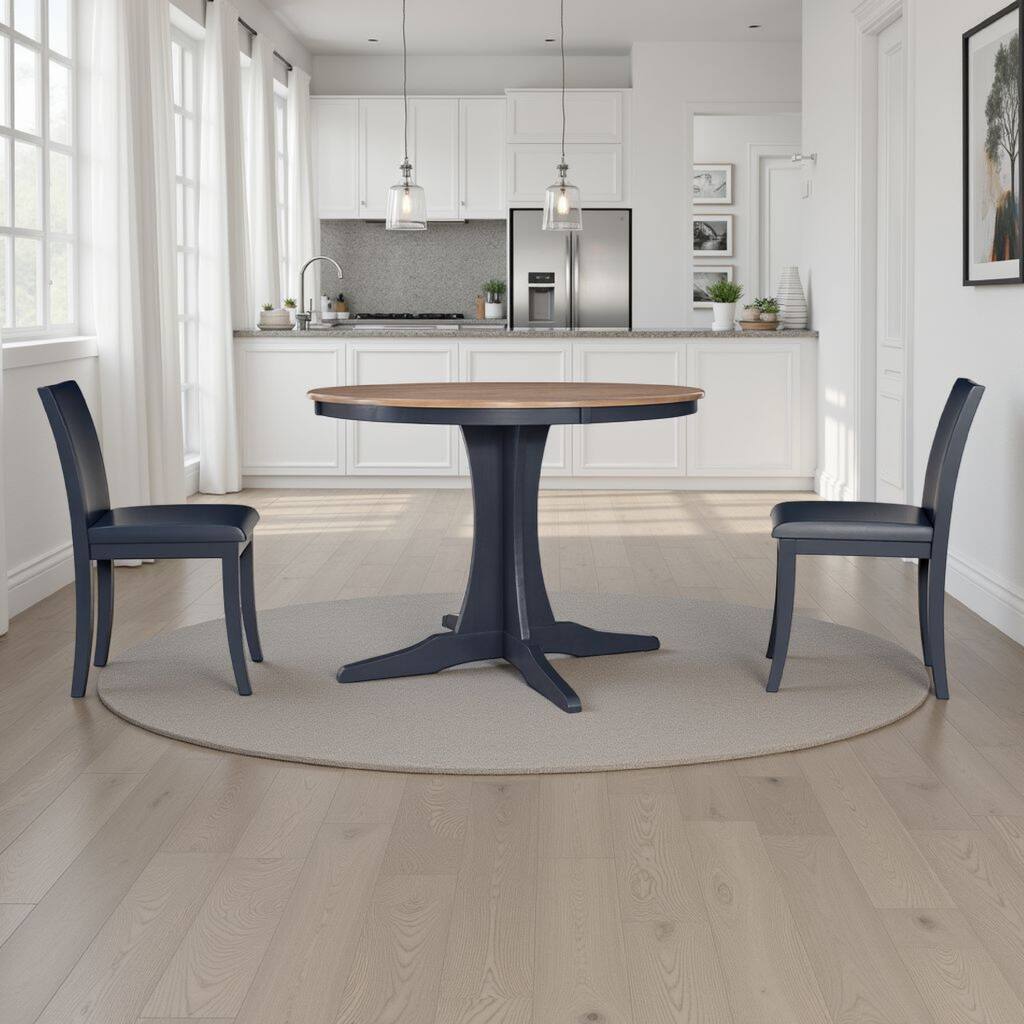 Doti Dining Table, 42 Inch Round Brown Top, Dark Blue Pedestal Base