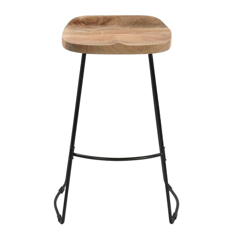 Tiva 30 Inch Handcrafted Backless Barstool, Natural Brown Mango Wood Saddle Seat, Black Metal Base
