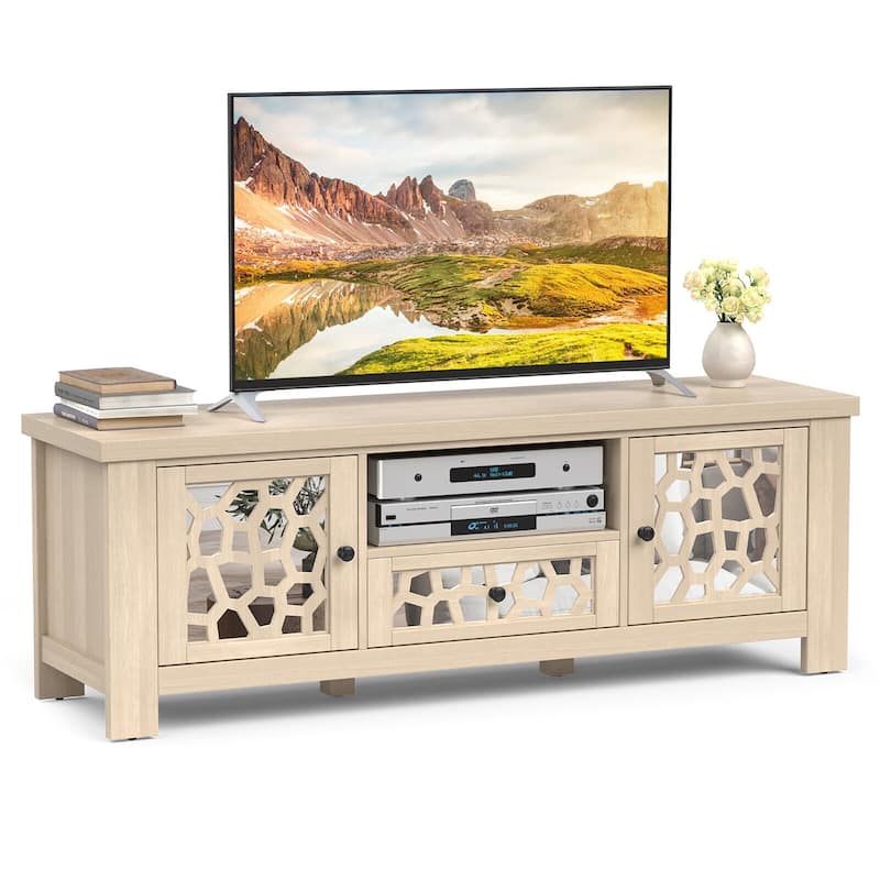 Gymax 55'' Retro TV Stand Media Entertainment Center w/ Mirror Doors & - Natural