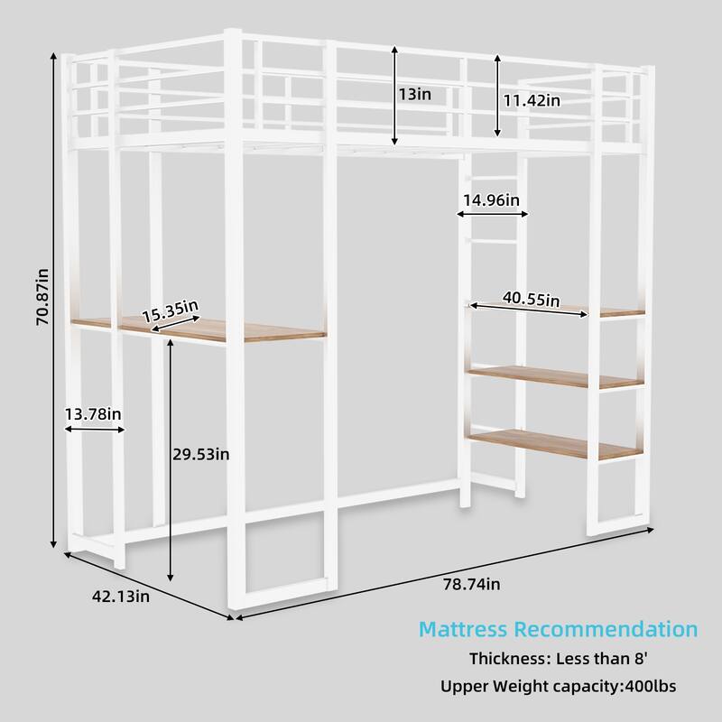Roomfitters Metal Loft Bed with Built-in L-Shaped Desk & Storage Shelves, Safety Guardrails, Space Saver