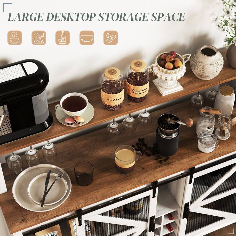 Farmhouse Coffee Bar Cabinet with LED Lights Wine Rack Glass Holders and Sliding Barn Doors - 55.1" W x 15.7" D x 44.1" H