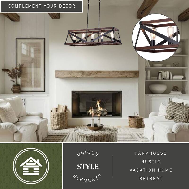Wade 5L Black and Wood Rustic Cage Linear Chandelier Island Pendant Light Fixture - 36.75-in W x 10.75-in H x 12.75-in D