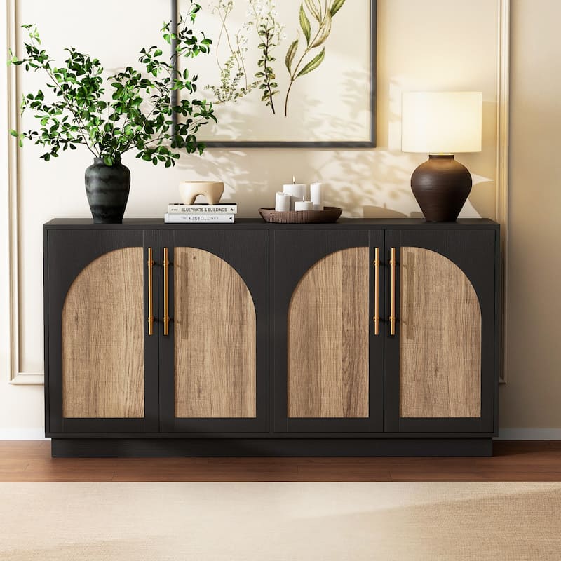 Double Layered 4 Door Cabinet Modern Arched Design Storage Cabinet - Black