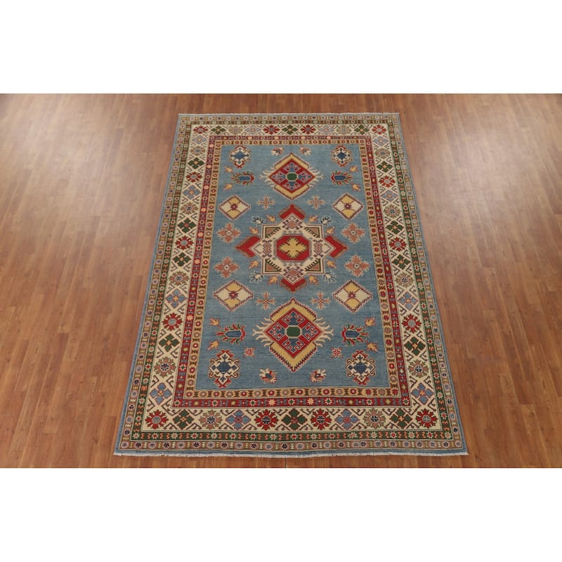 Blue Geometric Kazak Area Rug Hand-Knotted Traditional Wool Carpet - 6'8" x 9'9"