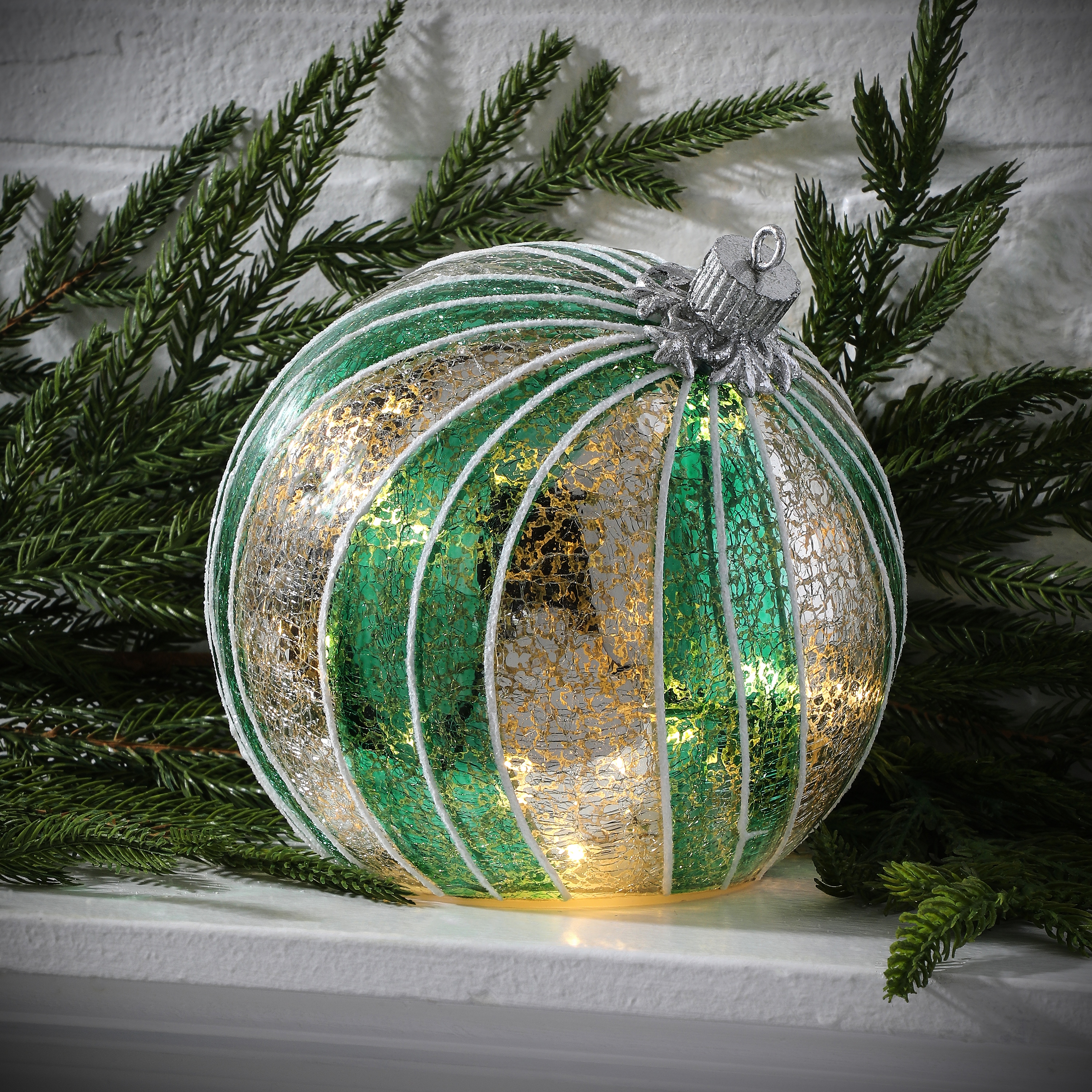 6 Led Battery Operated Timer Glass Stripe Table Piece Ornament