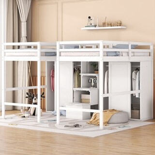 Double Twin Loft Beds with Wardrobes and Staircase, Sturdy Pine Wood Frame with Playhouse-Inspired Design, White