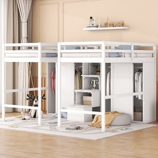 Multifunctional Design Loft Bed with Wardrobes and Staircase, Sturdy Construction, Twin Size, White