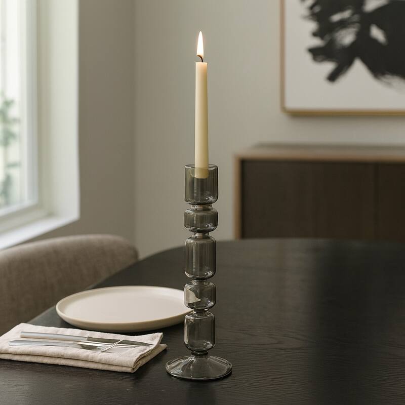 Modern Candle Holder with Stacked Sculptural Glass Base - Smoke