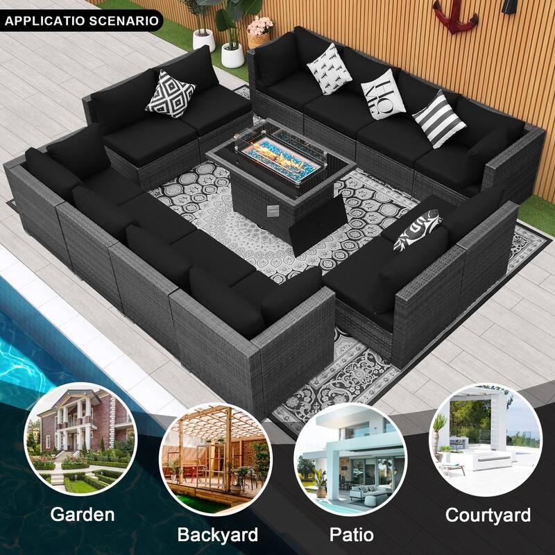 FINCATI Outdoor Grey Wicker Sectional Furniture Patio Sofa Set with Firepit Table