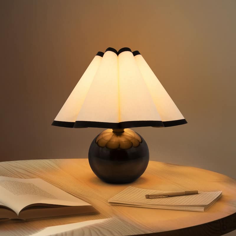 Brightech Blair 10.08 in. Polished Black Midcentury LED Globe Bedside Desk Table Lamp with White Cotton Empire Shade