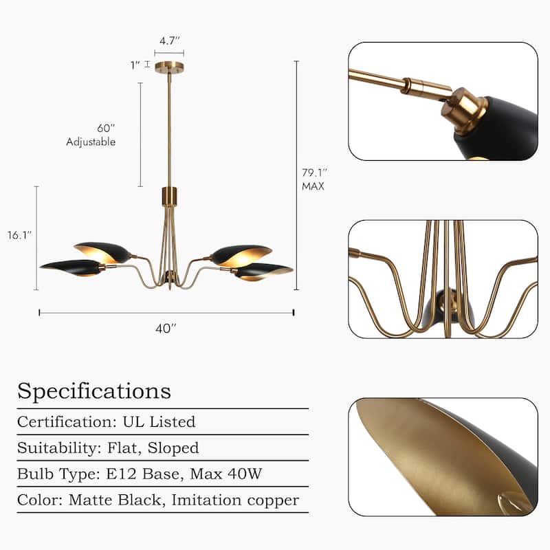 Mid-Century Modern 5-Light Black Gold Chandelier Wheel Pendant Lights with Metal Shades - 40" D x 16.1" H