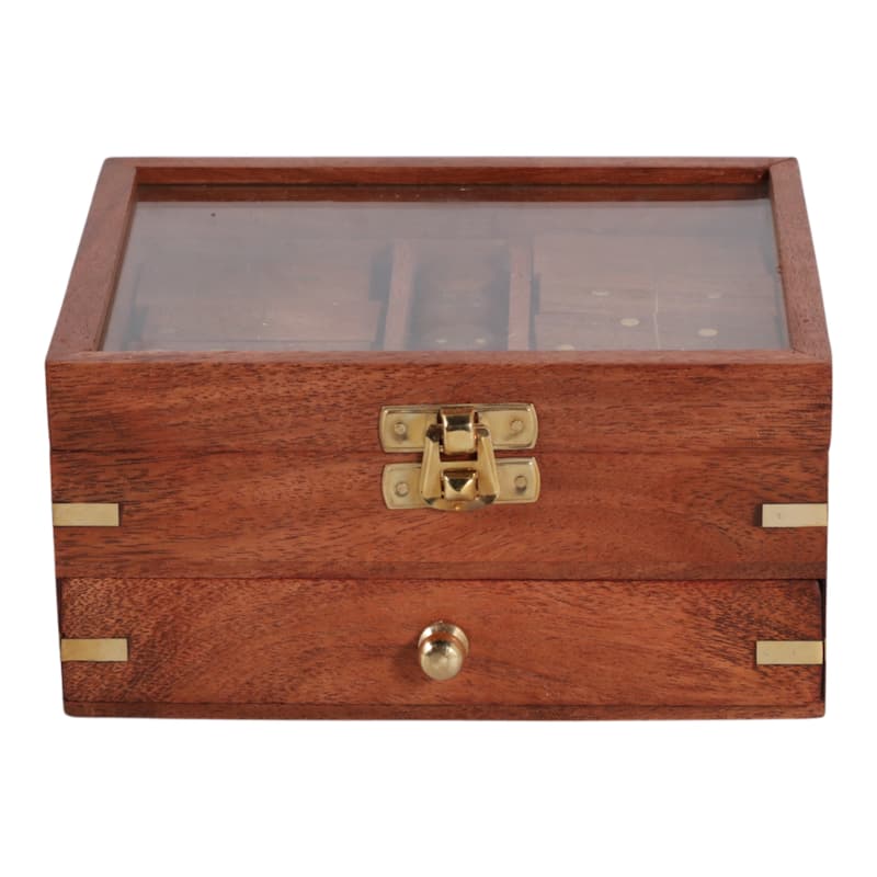 3 in 1 Classic Tabletop Game Set in Wooden Case Storage - 6", Brown & Gold - 6.0"