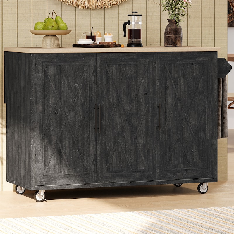 51.2" Wood Rolling Kitchen Island with Drop Leaf and Internal Rack