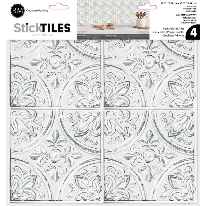 RoomMates White Tin Peel And Stick Tile Backsplash