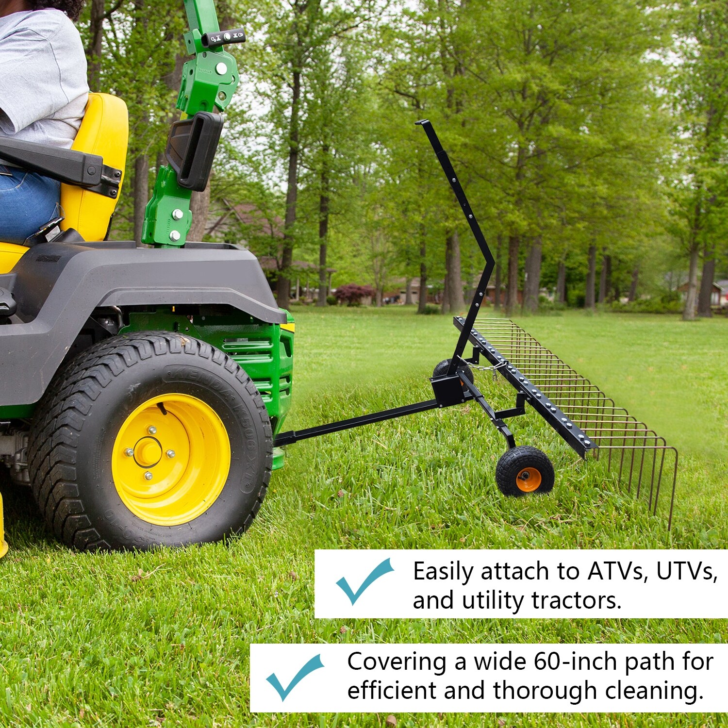 Lawn Tractor Rake 60 inch Dethatcher Tow Behind Rake For ATV Pine Straw Rake with Lift Handle 24 Steel Tines for Leaves Black