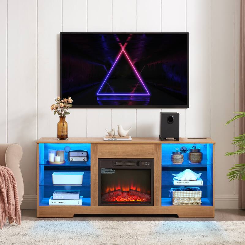 57.87" Fireplace TV Stand with 7 Color LED Flames and USB Charging