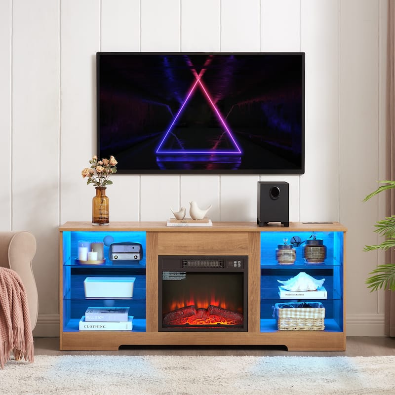 TV Stand Electric Fireplace Glass Shelves, 3D Fireplace TV Stand with LED Lights Wood with USB Charging Outlet - Oak
