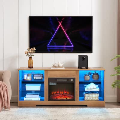 TV Stand Electric Fireplace Glass Shelves, 3D Fireplace TV Stand with LED Lights Wood with USB Charging Outlet