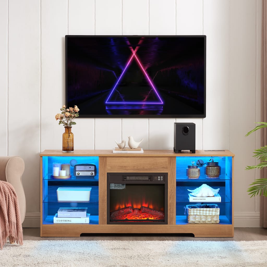 TV Stand Electric Fireplace Glass Shelves, 3D Fireplace TV Stand with LED Lights Wood with USB Charging Outlet