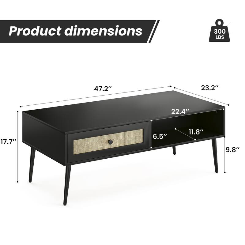 Modern Coffee Table, 47 Inch Rectangle Console Table with Drawer & Shelf, Wooden Coffee Table for Living Room, Office