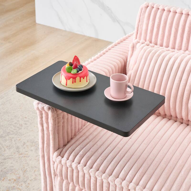 Pink Corduroy Pull-out and Push-in Sofa with Movable Tabletop and USB Ports