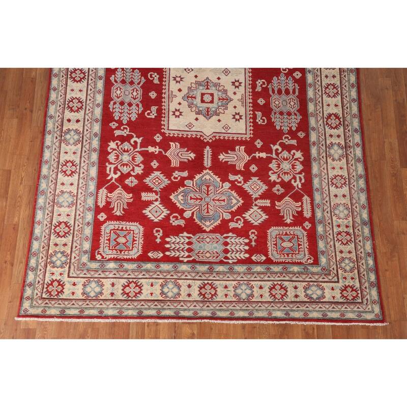 Red Geometric Kazak Living Room Area Rug Hand-Knotted Wool Carpet - 6'7" x 10'1"