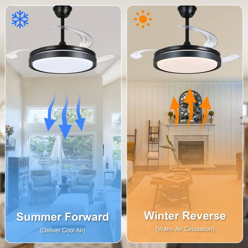 Cusp Barn 42 Inch Retractable Ceiling Fan with Lights, Modern Silent DC Motor 6 Speeds Chandelier Ceiling Fan for Bedroom