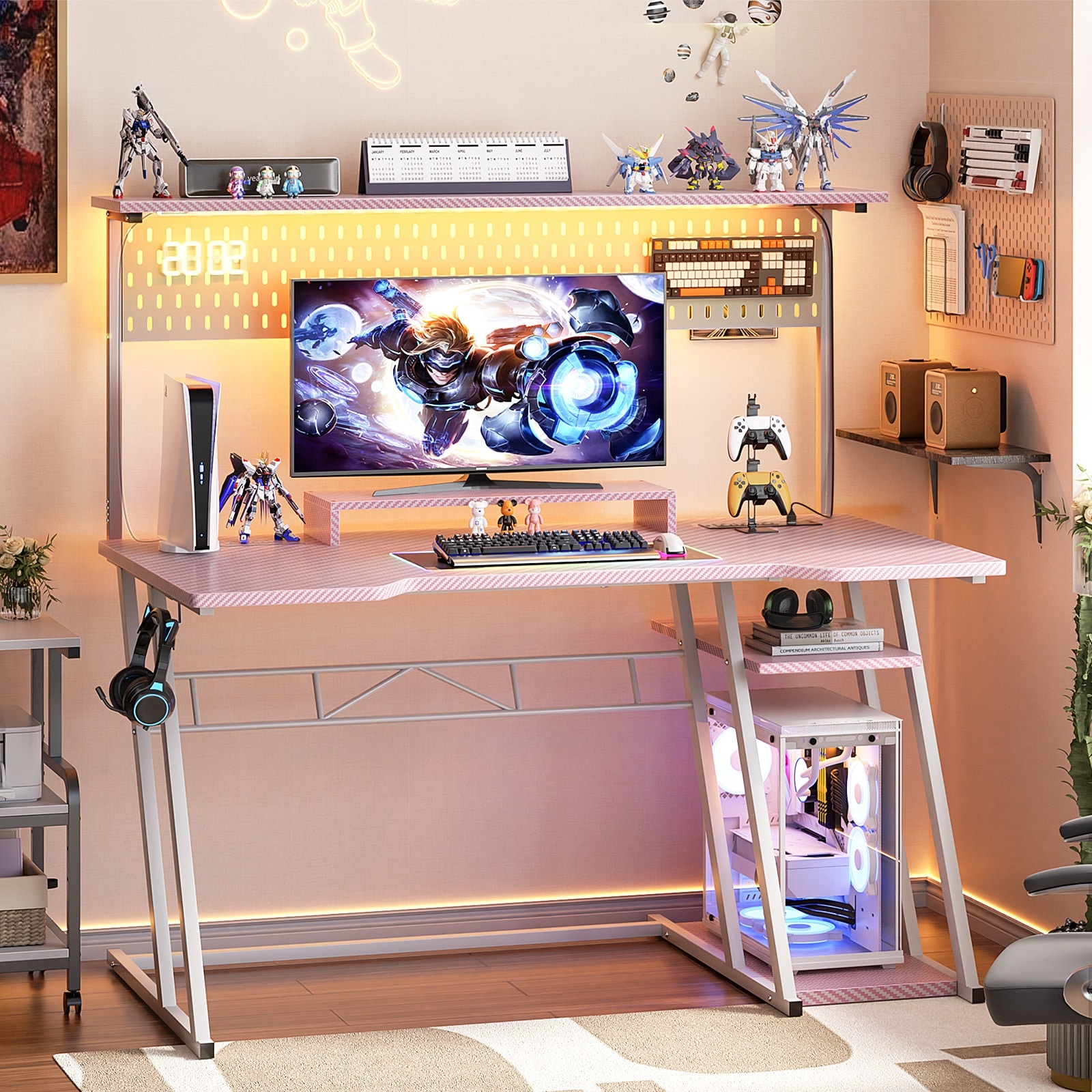 Gaming Desk with Hutch and LED Lights, Computer Table with Storage Shelves