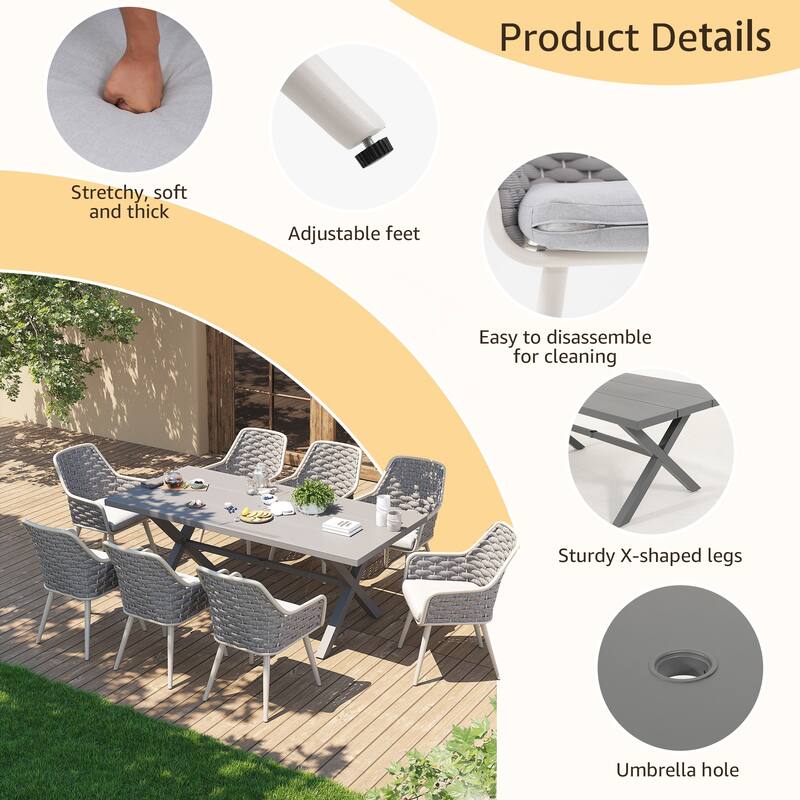 Outdoor Patio Dining Sets with Handwoven Rope Chairs and X-leg Aluminum Dining Table for 8 Persons