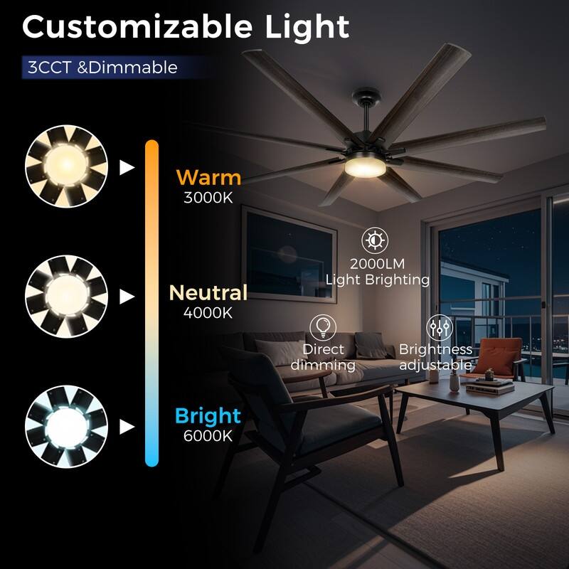 72 in. Indoor Black Large Industrial Ceiling Fans with Lights and Remote Control, Reversible, 8 Aluminum Blades
