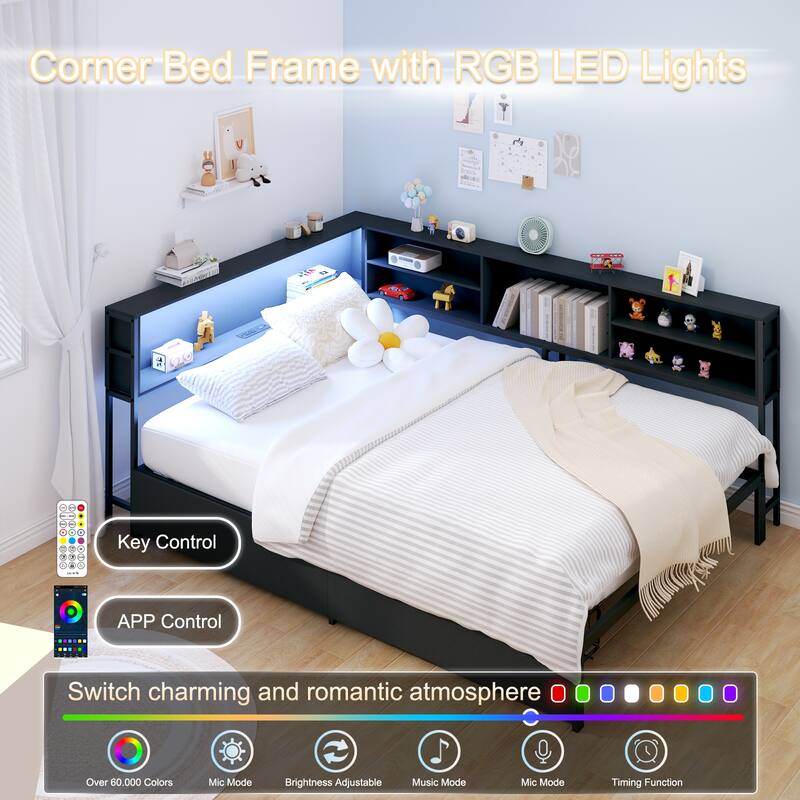 Kids Corner Bed with Storage, Twin/Full Daybed with Drawers, Bookcase Headboard with Charging Station & LED Lights