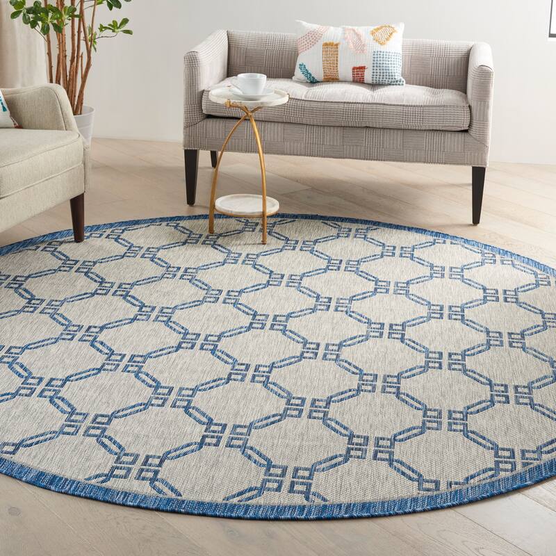 Nourison Garden Party Geometric Casual Indoor/Outdoor Area Rug - 7'10" Round - Ivory/Blue