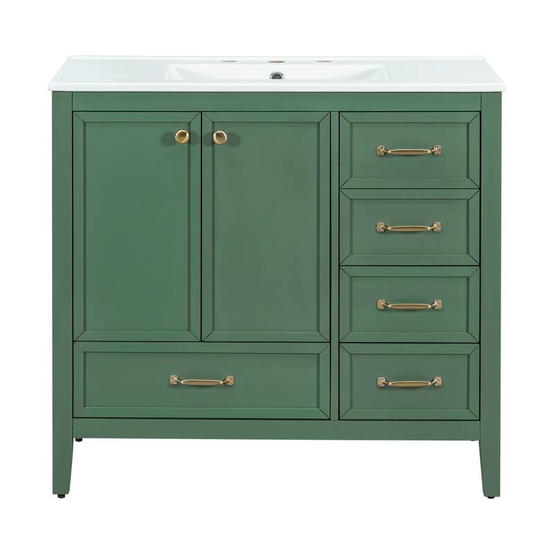 36" Bathroom Vanity with Sink, Bathroom Cabinet with Soft-Closing Door, 4 Drawers of Different Sizes, Solid Wood Frame and Leg