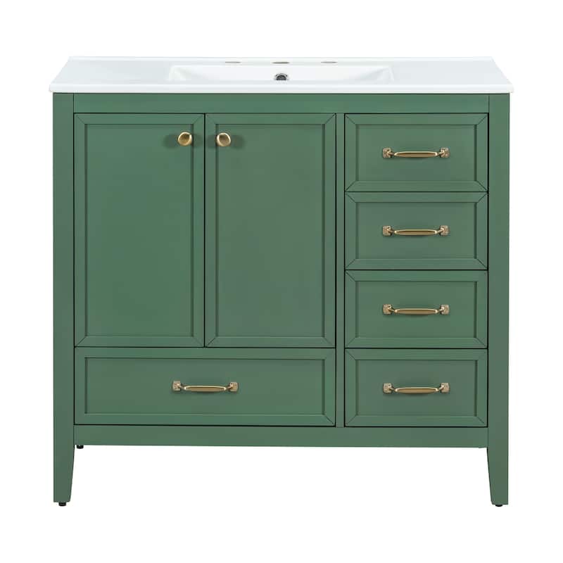 Single Sink Bathroom Vanity Cabinet with 4 Drawers, Cabinet Base & Ceramic Basin Set, 36 Inch