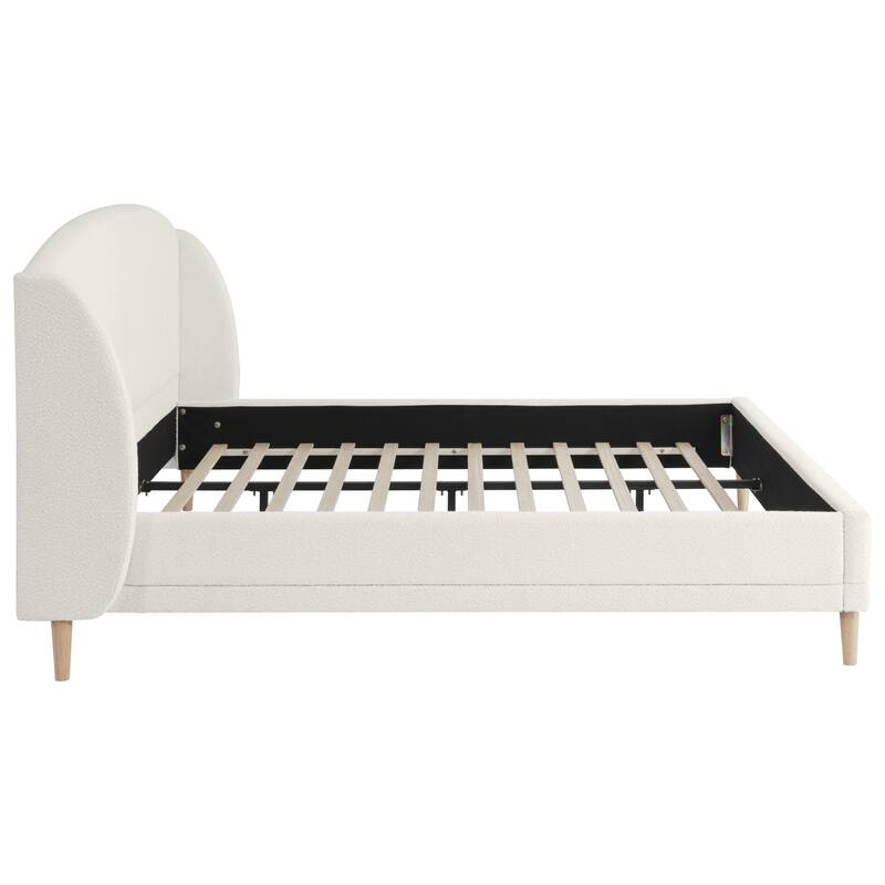 Boucle Upholstered Platform Bed with Rounded Corner Wingback Headboard